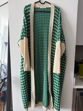Monisqui - Open-Front Houndstooth Long Cardigan Sweater - Green/Cream (Madrid)